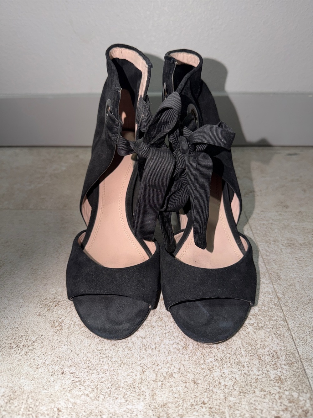 Black Suede Open-Toe Lace-Up Heels with Bow Ankle Tie